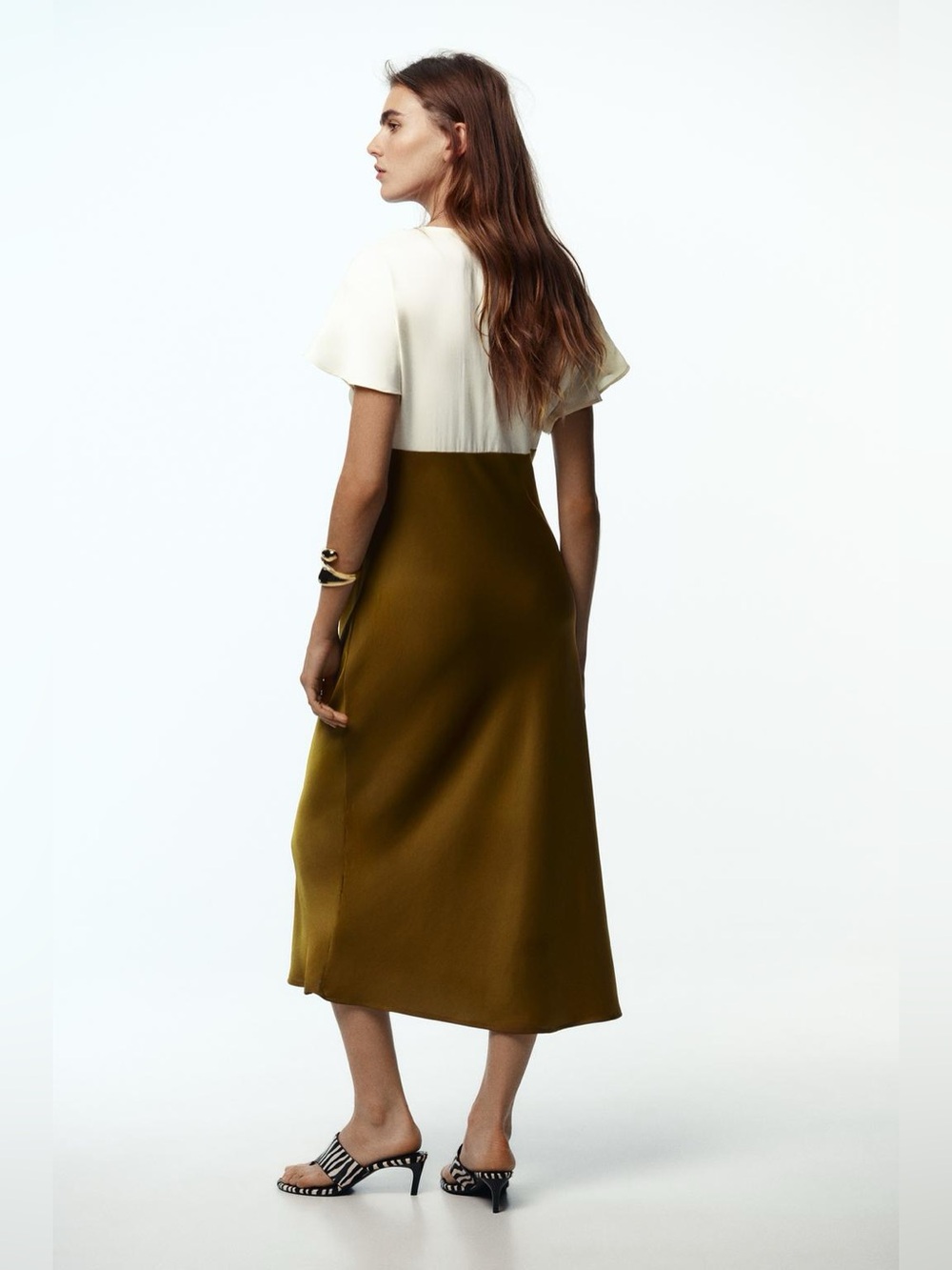NWT. Zara Ecru/Khaki Satin Effect Midi Dress with Lace/Contrasting Trim. Size S. - Picture 6 of 12